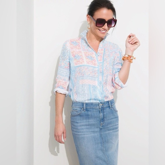 Chicos No Iron Linen Coastal Tile Shirt Size 3 16 Button Up 3/4 Sleeve - Picture 1 of 5